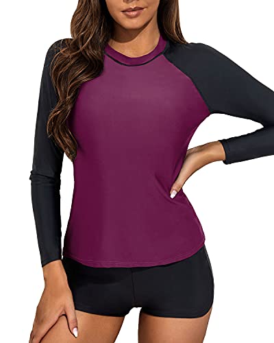 Two Piece Raglan Sleeve Ladies Rash Guard Swimsuit-Purple