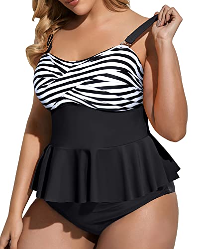 Twist Front Removable Strap Two Piece Plus Size Swimsuit-Black And White Stripe