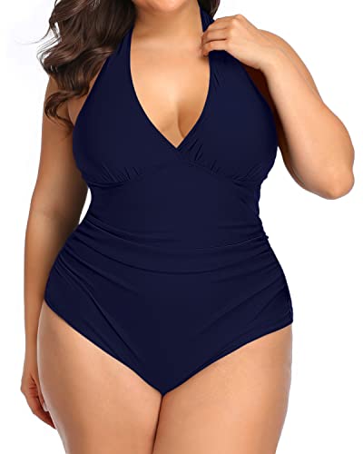 Plus Size Push Up One Piece Swimsuits Halter-Navy Blue