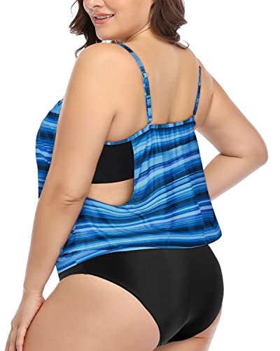 Women's Sporty Padded Bra Plus Size Tankini Plus Sizeswimsuits-Blue Black Stripes