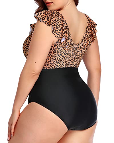 U-Shaped Back Plus Size V-Neck One Piece-Brown Lepoard