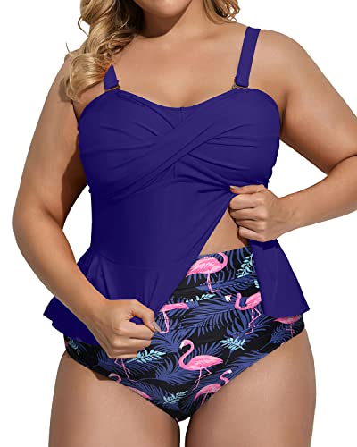 Adjustable Strap Peplum Tankini Top High Waisted Tummy Control Bottom Plus Size Swimsuit-Blue Flamingo