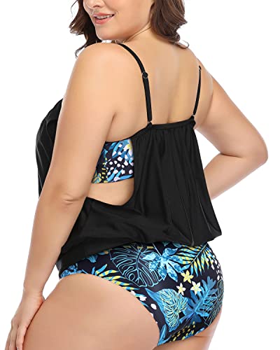 Sporty Two Piece Plus Size Blouson Tankini For Women-Blue Leaf