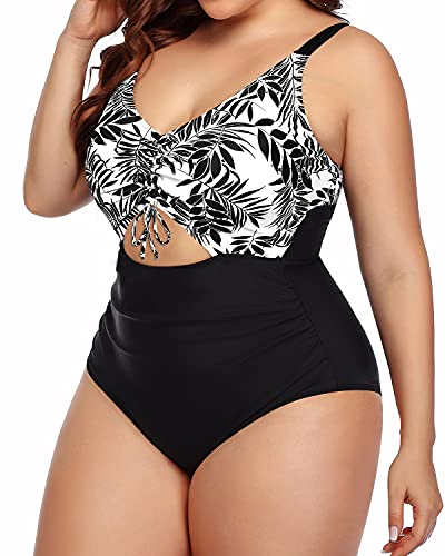 Tummy Control Plus Size Swimsuit Ruched Bottom-Black Leaves