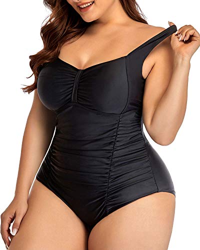 High Cut Vintage One Piece Swimsuits For Plus Size Women-Black