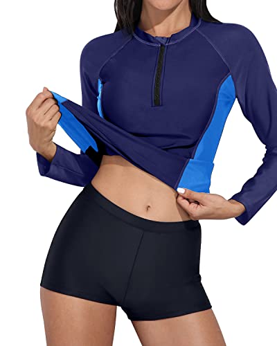 Women's Zipper Front Long Sleeve Rash Guard Boy Shorts-Blue