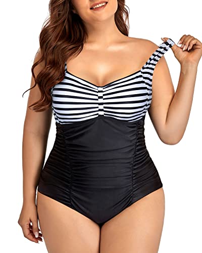 Adjustable Strap Tummy Control One Piece Swimsuit For Women-Black And White Stripe