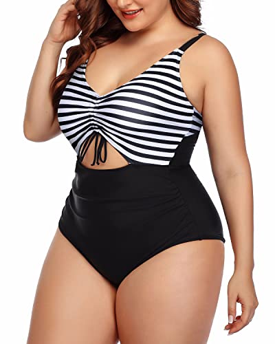 High Waisted Monokini Bathing Suit For Plus Size Women-Black And White Stripe