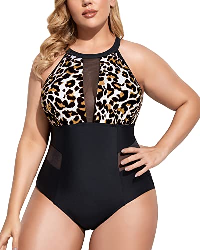 Trendy Mesh Plunge One Piece Swimsuit For Plus Size Women-Black And Leopard