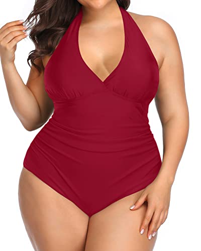 Non-Wired Padded Halter One Piece Swimwear For Women-Red