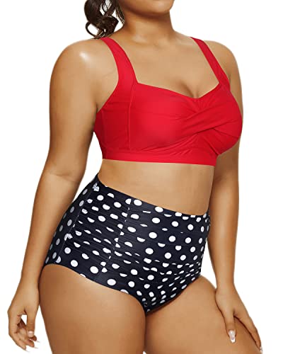 Elegant Plus Size Bikini Open Back Retro 2 Piece Swimsuit-Red Dot