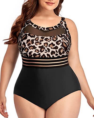 Retro Mesh High Neck Plus Size One Piece Swimsuits-Black And Leopard