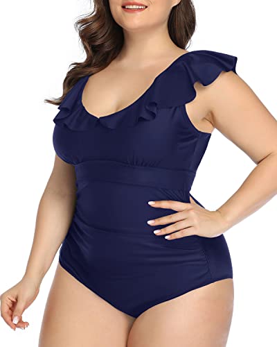 Removable Padded Plus Size One Piece Swimsuits-Navy Blue