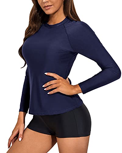 Trendy Women's Boyshort Swimsuit Set Long Sleeve Rash Guard Top-Navy Blue