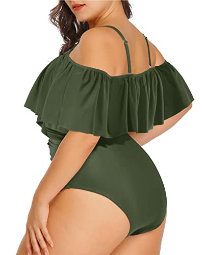 Halter Neck Tummy Control Plus Size One Piece Swimsuits-Army Green