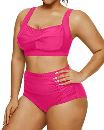 Retro Two Piece Swimsuit Ruched Bottoms Twisted Front Bikini-Neon Pink