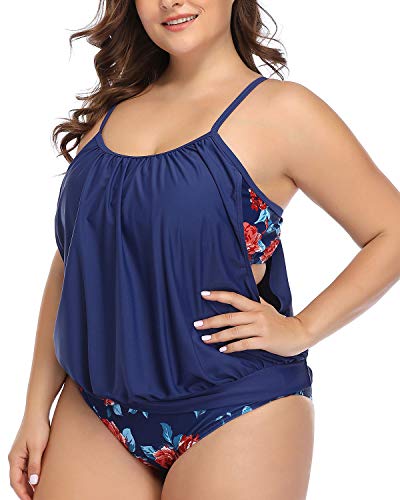 Flirty Plus Size Tankini Swimsuits Shorts For Women-Blue Floral