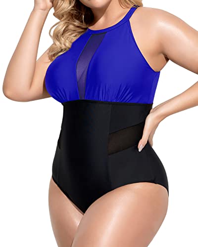 Sleek See-Through Mesh Monokini Plus Size Swimsuit-Royal Blue And Black