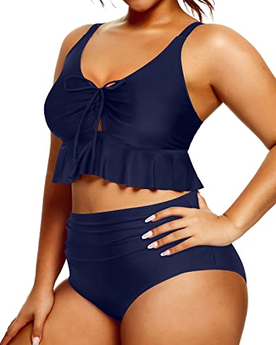 Two Piece Retro Plus Size Flounce High Waisted Bikini Set-Navy Blue