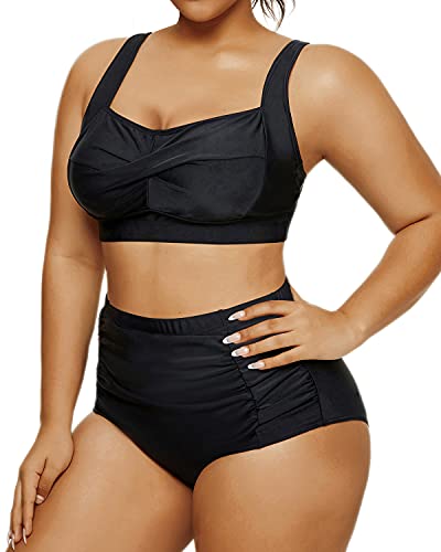 Plus Size Twist Front Bikini Set Tummy Control High Waisted Bottoms-Black