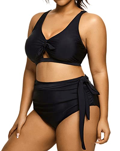 Ruched High Waist Plus Size Bikini Swimsuit For Curvy Women-Black