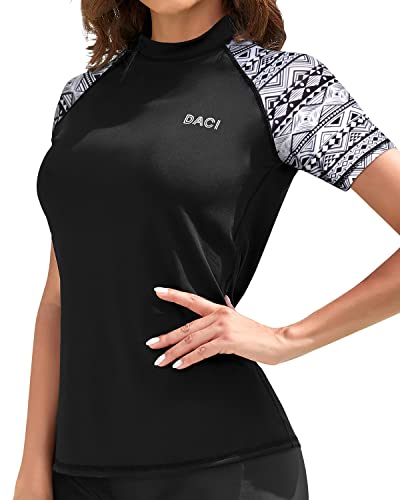 Women's Crew Neck Swimsuit Top Raglan Sleeves Short Sleeve Rashguard Top Swim Shirt-Black White