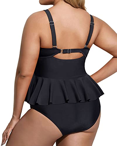 Full Coverage Ruched Two Piece Plus Size Swimsuit For Women-Black