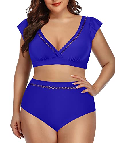 Plus Size Tummy Control Bikini Set Two Piece Swimsuits For Women-Royal Blue