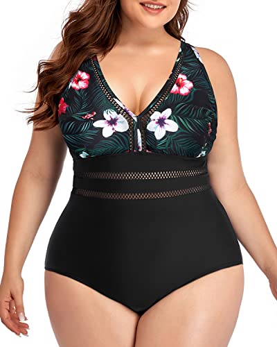 Adjustable Strap Plus Size V Neck One Piece Bathing Suit-Black Floral