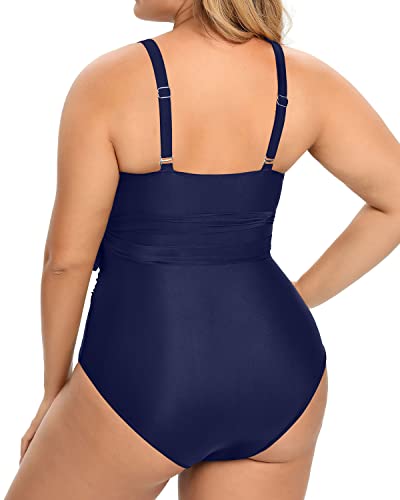 Feminine Curves High Waisted Tummy Control One Piece Bathing Suits-Navy Blue