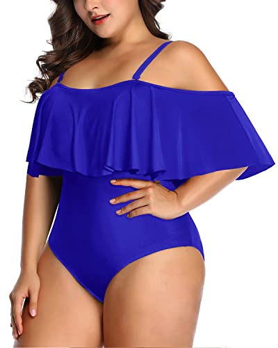 Adjustable Strap Flounce Top Plus Size Swimsuit For Women-Royal Blue