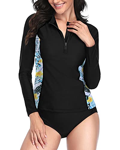 Modest Padded Two Piece Rash Guard Bathing Suit For Women-Black Leaf