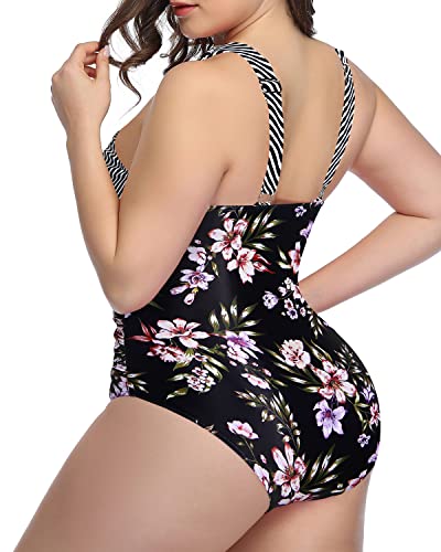 Front Cross Backless Plus Size Swimwear For Women-Stripes And Flowers