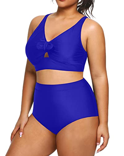 Comfortable Two-Piece Plus Size High Waisted Swimsuit-Royal Blue