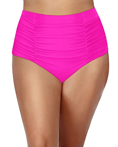 Tummy Control Bikini Briefs Ruched Panel For Plus Size Women-Neon Pink