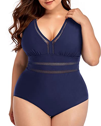 Elegant Full Coverage Plus Size One Piece Backless Swimwear-Navy Blue