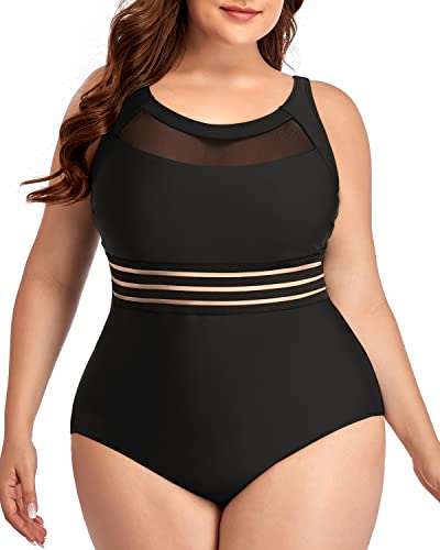 Mesh High Neck Bathing Suits For Plus Size Women-Black