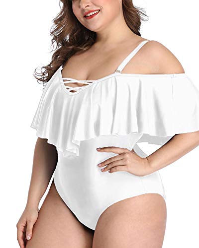 Sexy Lace-Up Plus Size Off The Shoulder Swimwear Removable Straps-White