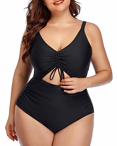 Fashionable V-Neck Cutout One Piece Swimsuit Ruched Bottom-Black