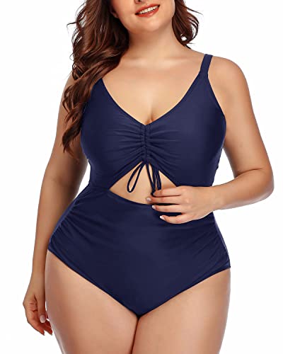 High-Waisted Tummy Control Monokini Swimsuits For Plus Size Women-Navy Blue