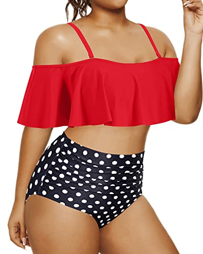 High Waisted Tummy Control Bikini Set For Women Plus Size Ruffle Swimsuits-Red Dot