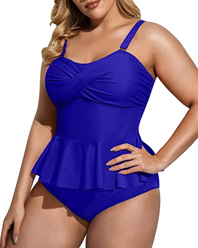 Adjustable Strap Peplum Tankini Two Piece Plus Size Swimsuit-Royal Blue