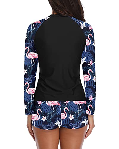 Comfortable Women's Boyshort Rashguard Swimsuit Set-Black Flamingo