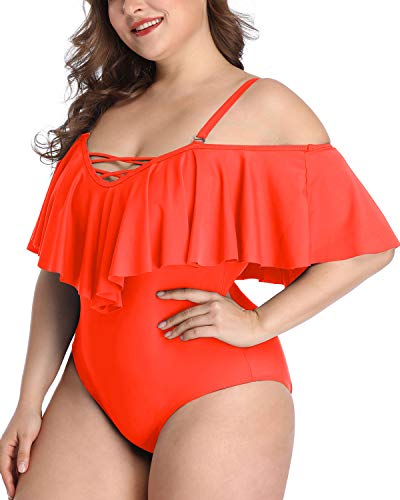 Elegant Flounce Off Shoulder One Piece Swimsuits-Neon Orange