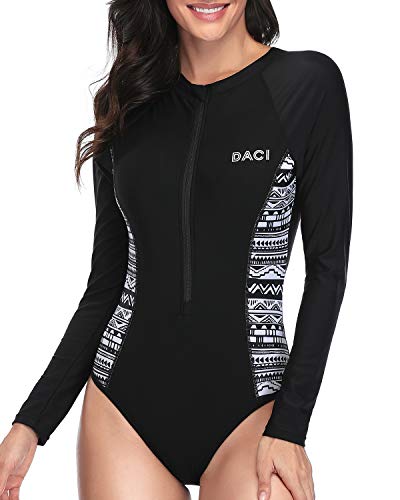 Women's Surfing Rash Guard Long Sleeve One Piece Swimsuit Zipper Bathing Suit-Black And White Snake Print