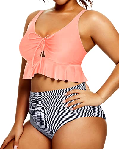 Vintage Style Two Piece Swimsuit Bikini Set For Curvy Women-Coral Pink Stripe