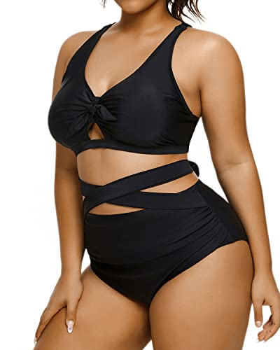 Ruched High Waist Plus Size Bikini Swimsuit For Curvy Women-Black