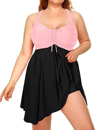 Women's Retro Elegant Skirted Plus Size Two Piece Swimdress-Pink And Black