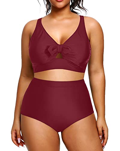 Women Plus Size Two Piece Swimsuit High Waisted Bikini Bottoms-Maroon