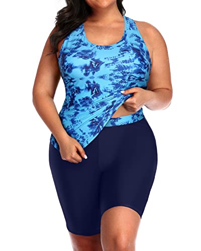 High Waisted Plus Size Two Piece Swimsuit Racerback And Boyshort-Blue Tie Dye